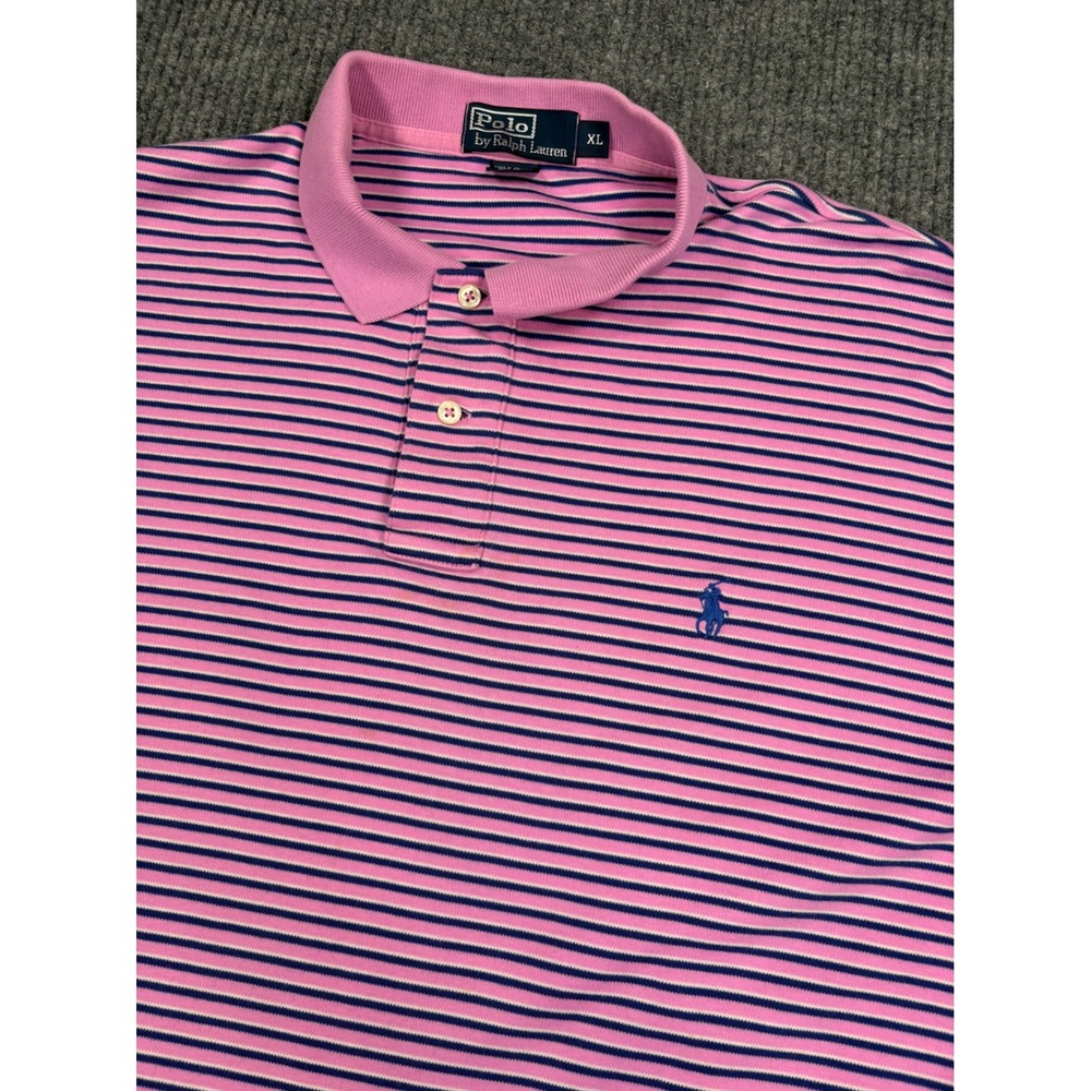 Polo Ralph Lauren Mens XL Pink Navy Blue Striped Short Sleeve Cotton Polo Shirt